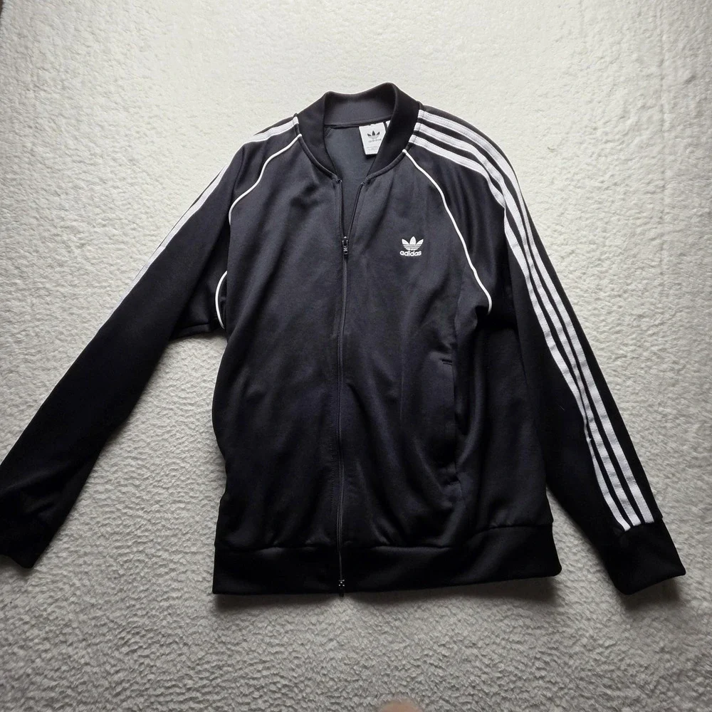 Adidas Track Jacket Mens XL Black Full Zip Three Stripes Trefoil Logo Athletic